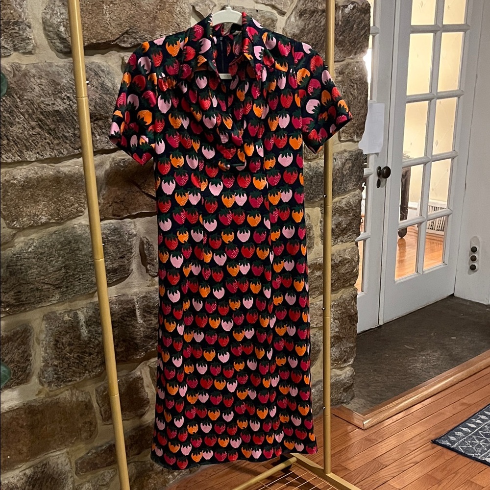 Vintage 70s Strawberry Patterned Polyester Dress - Black, Red, Pink